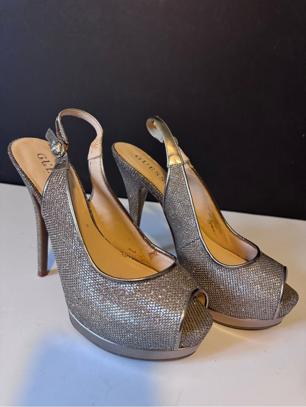 Guess Sparkling Silver Peep-Toe Slingback Heels